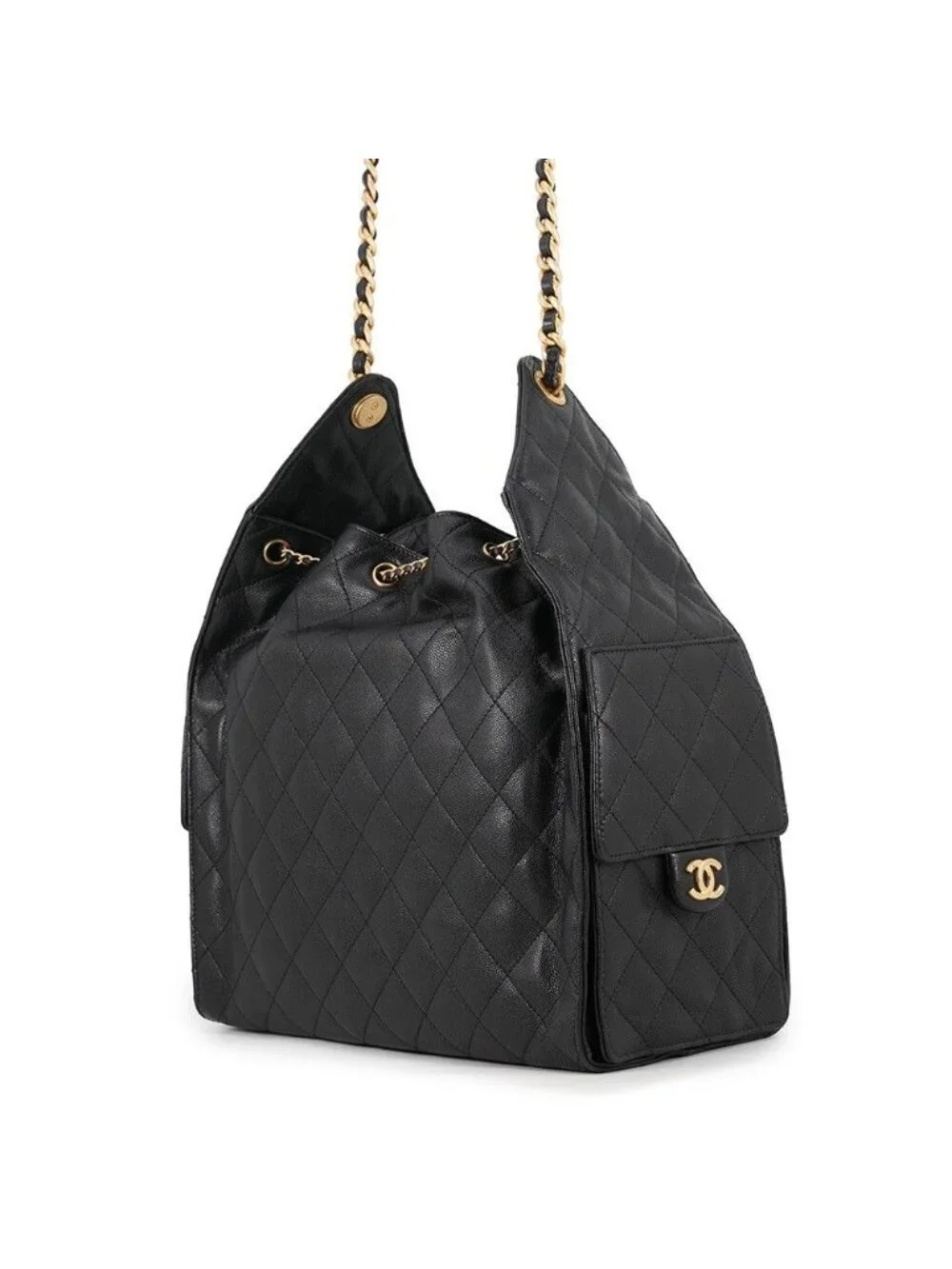 Chanel Chain Shoulder Bag 25 CC Logo Quilted Caviar Leather Black